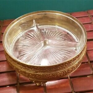 Vintage Hollywood Regency Style Gold Ormolu Footed 3 Section Candy Dish PNCW